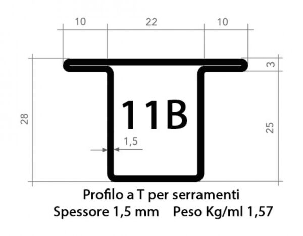 Profilo T serramenta 11B grezzo nero da 25 mm tagliato a misura