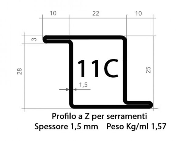 Profilo Z serramenta 11C grezzo nero da 25 mm tagliato a misura