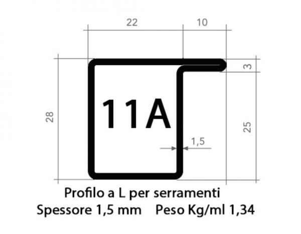 Profilo elle serramenta 11A grezzo nero da 25 mm tagliato a misura