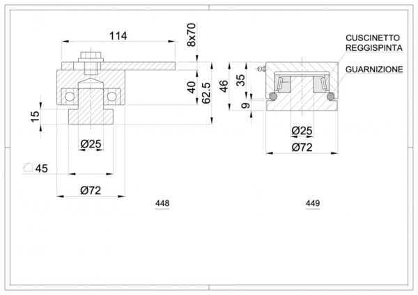 Cardine regolabile con piastra girevole e cuscinetto cardine con cuscinetto regispinta e ingrassatore diametro 72 mm 448 449